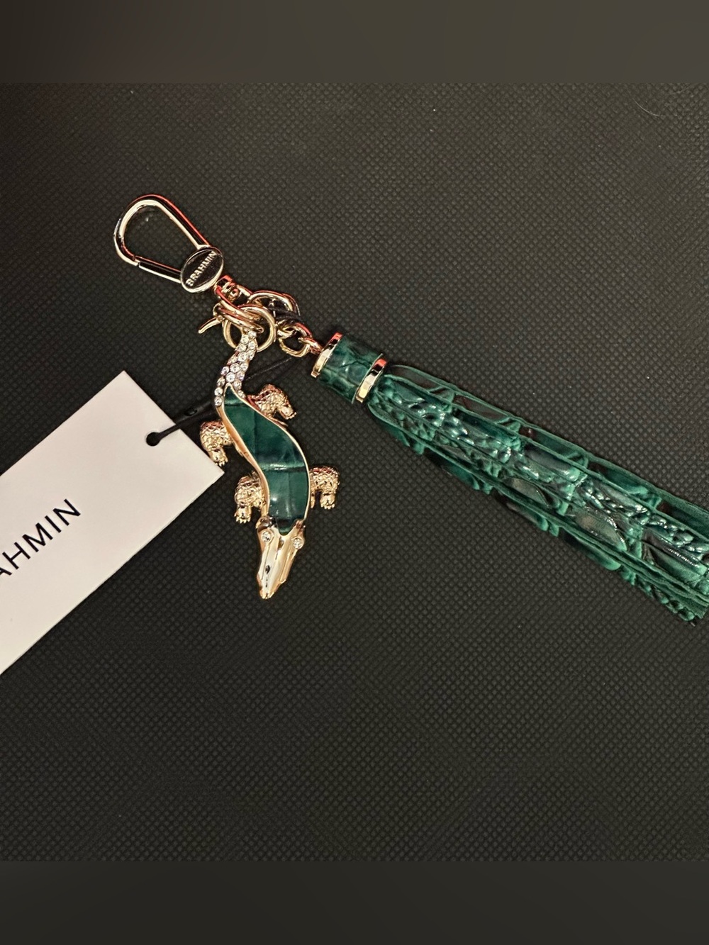 Brahmin Emerald Green Alligator Tassel Keychain with Gold Hardware